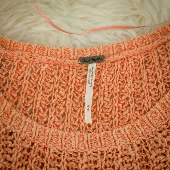 Free People Size Medium M Orange Chunky Open Knit Crew Long Sleeve Loose Sweater - Picture 3 of 6
